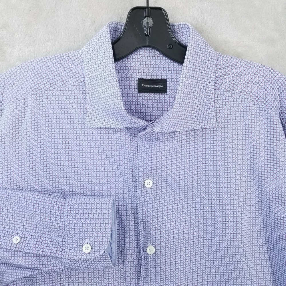 Ermenegildo Zegna Dress Shirt Men 3XL Blue Geometric Print Spread Collar Classic